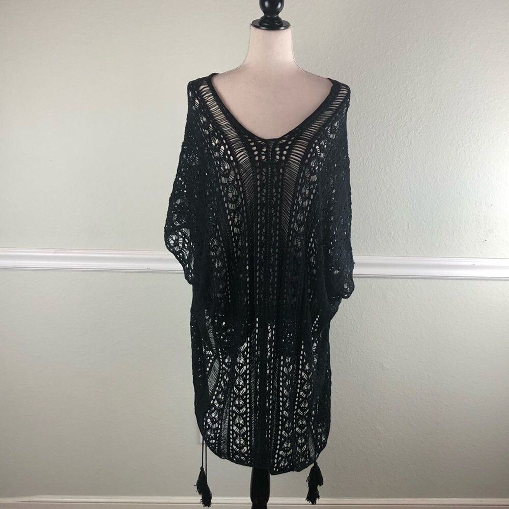 Vintage Open Knit Poncho Black One Size